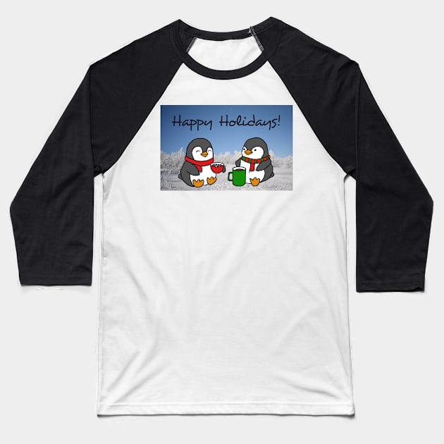 Christmas Penguins Enjoying Hot Cocoa with Christmas Tree Card Baseball T-Shirt by Elizabeths-Arts